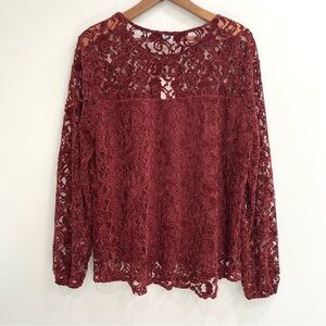 Sundance Remarkable Beauty Velvet Top Lace Overlay Blouse Maroon Long Sleeve XXL